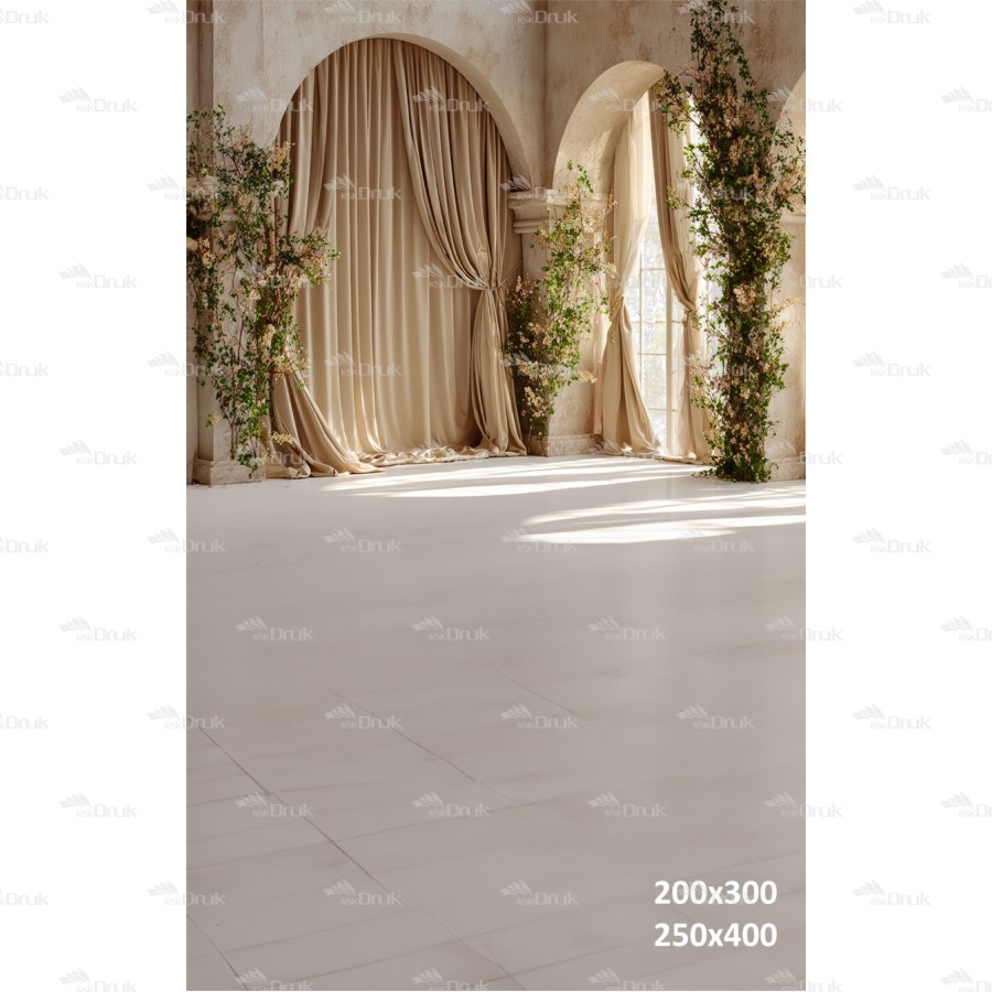 Tło fotograficzne „Eleganckie wnętrze z łukami i draperiami” | E_782